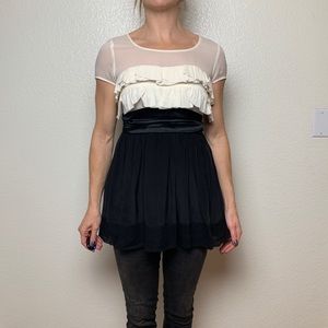 100% silk ruffle bust cap sleeve tunic top